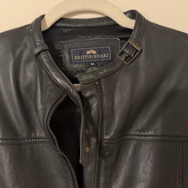 Vintage British Khaki Genuine Leather Y2K‎ Zip Up Black Jacket Size 10 - Image 6