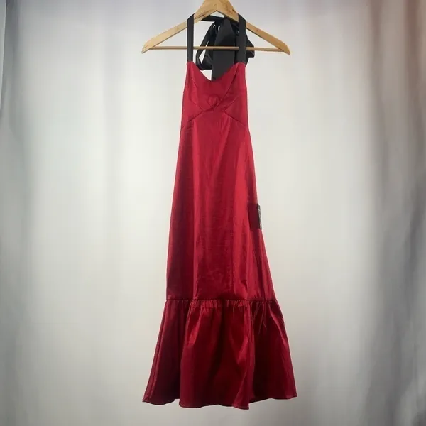 NWT Lulus Bursting With Beauty Halter Trumpet Midi Dress‎ in Berry Red Size M - Image 4