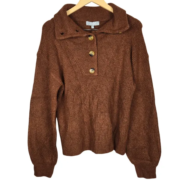 Marled True Auburn Balloon Sleeve Fold Over Collar Button Neck Sweater Small - Image 2
