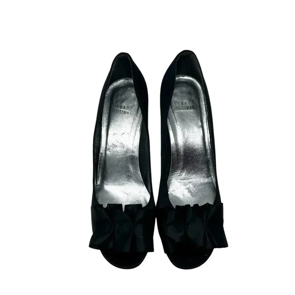 Stuart Weitzman Gigiritz Black Satin Ruffle Peep Toe Pumps‎ Heels Size 7.5 - Image 2