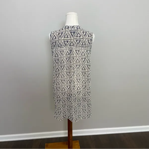Lumière Top Tunic Sheer Split Neck Collar Lagenlook Geometric Blue Tan Ivory - Image 8