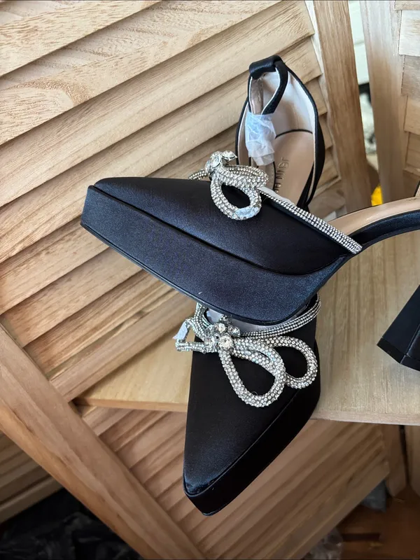 Jenn Ardor Black Satin Pointed-Toe Slingback Heels Crystal Bow 8.5 Brand New - Image 4