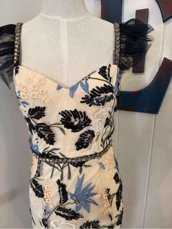 Lulu's Cream Midi Dress with Blue Floral Embroidery and Black Leaf Detail Sz S - Image 5