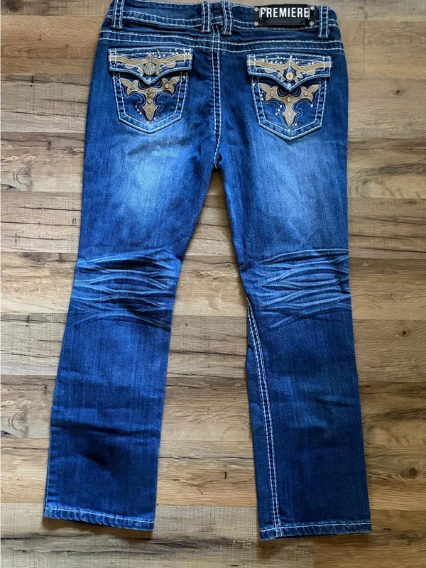 Premier emblished low rise distressed dark wash bootcut denim jeans 3/4 grunge - Image 2