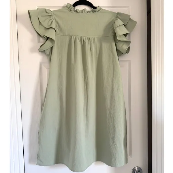 Sage Green Ruffle Sleeve Pintuck Mini Dress Pockets Boho‎ Cottagecore Size L - Image 2