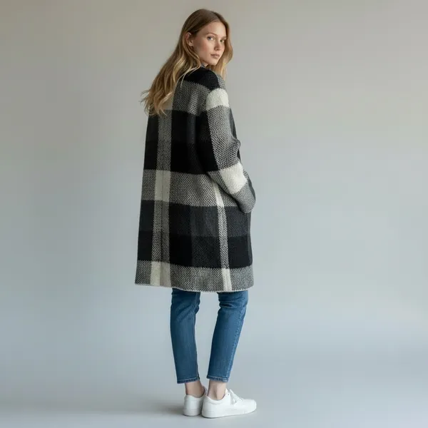 American Eagle Buffalo Plaid Longline Cardigan Sweater Black Grey White L/XL‎ - Image 2