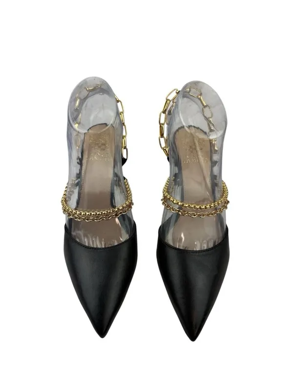 *Vince Camuto Ashna Heels Womens Size 7 Black Leather Gold Chain Slingback NWOB - Image 3