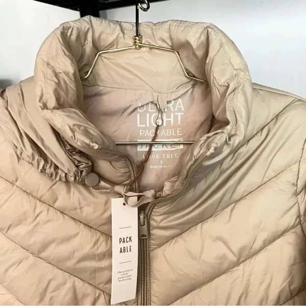 Packable Puffer Quilted Jacket Khaki/Beige Zip Closure Lightweight Hi-Neck - Image 7