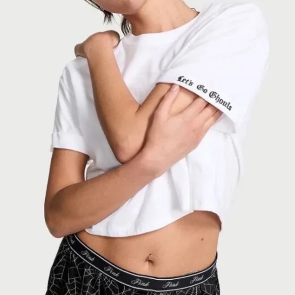 VICTORIA'S SECRET PINK "Lets Go Ghouls" Cotton Cropped Tee Halloween Sz XL New - Image 3