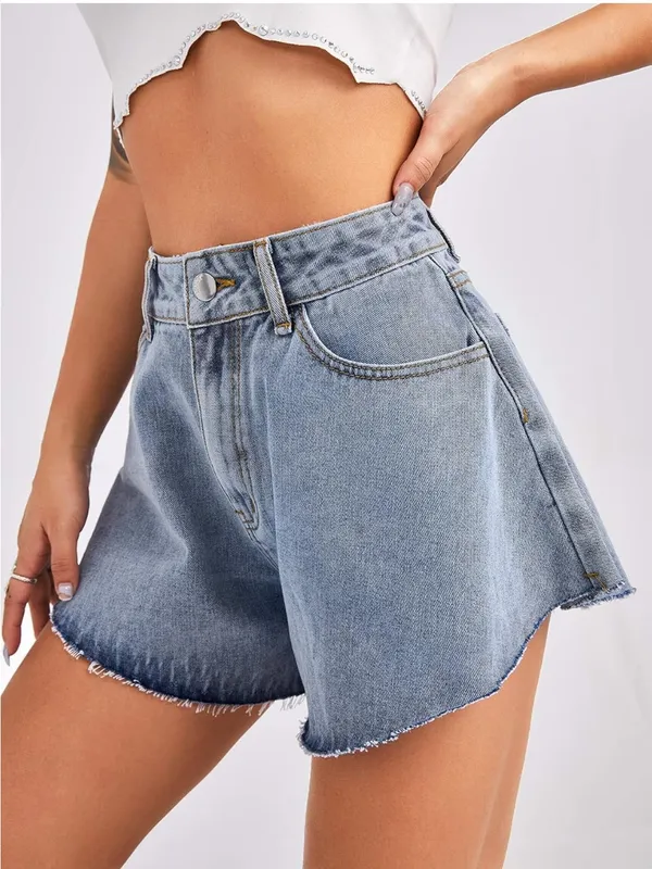 SweatyRocks Light Wash High-Rise Denim Shorts with Frayed Hem Size Medium - Image 3