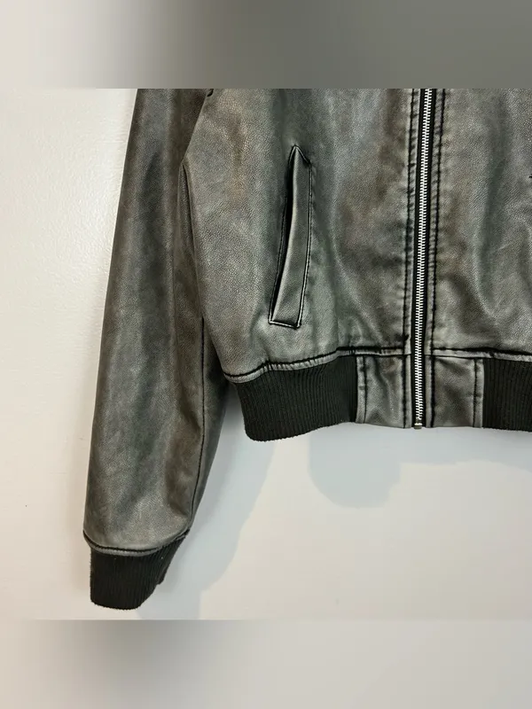 Zara Grey Zip Up Faux Leather Vegan Bomber Jacket Size Medium - Image 6