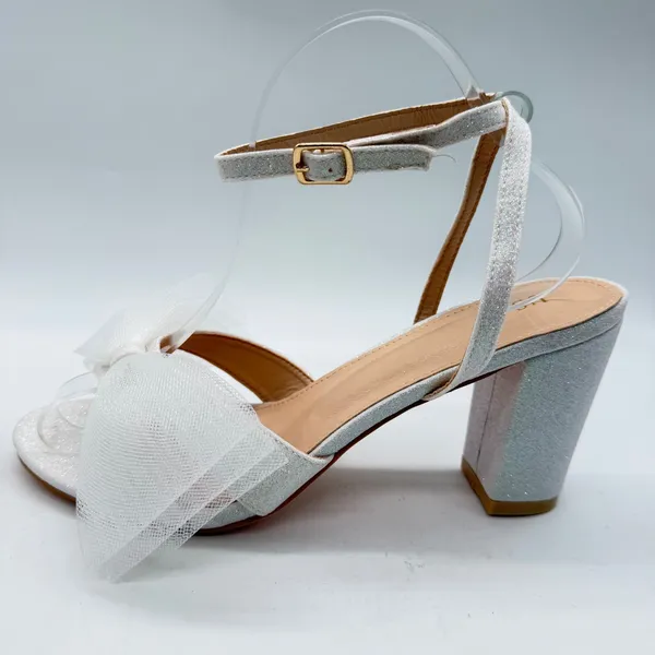 White Glitter Block Heel Sandals with Oversized Tulle Bow Ankle Strap Size 9.5 - Image 2