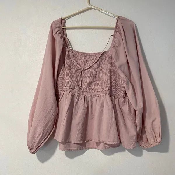 Arula Pink Peasant Babydoll Blouse Ruched Bust Long Sleeve Size C Boho Top - Image 2
