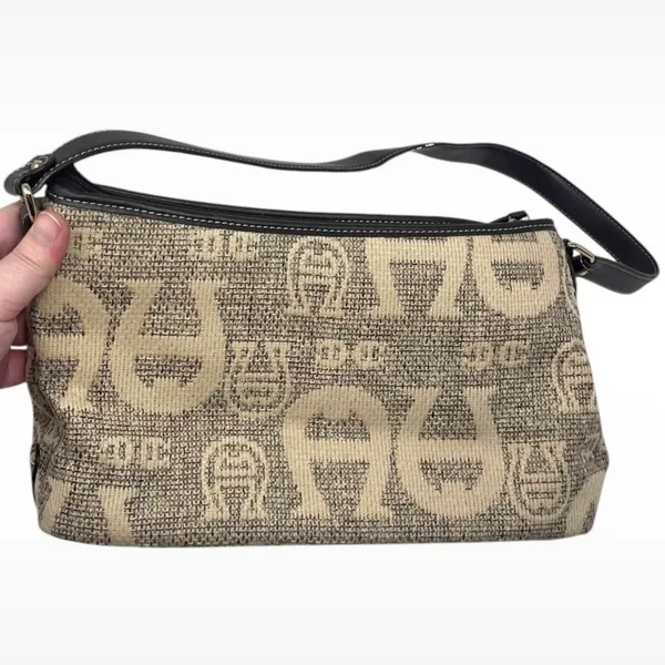 Etienne Aigner All Over Logo Print Shoulder Bag Purse Tan, Brown & Gold Hardware - Image 5