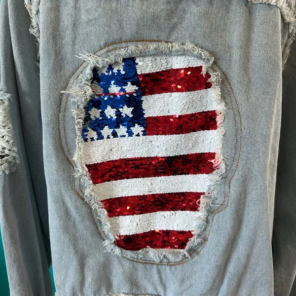 POL Distressed Denim Jacket American Flag Patriotic Sequence Americana Size S - Image 3