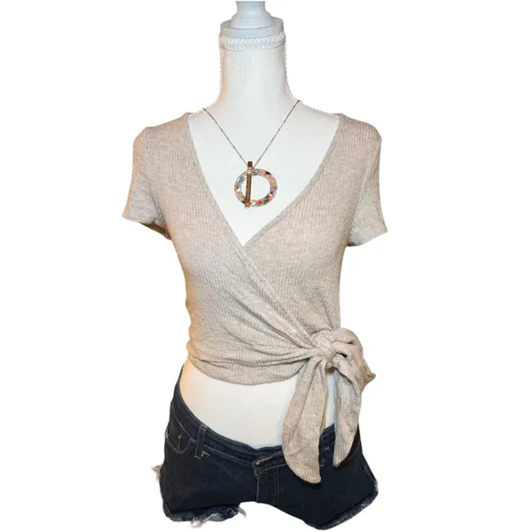 Project Social T x Urban Outfitters‎ Ribbed Knit Wrap Tie-Front Top, Size M - Image 3