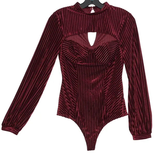 Lulus Bodysuit Velvet Burnout Bustier Whimsigoth Witchy Romantic Burgundy Small - Image 7