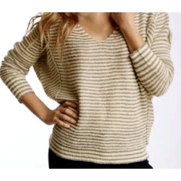 Free People Bumblebee V-Neck Striped Sweater‎ Women's L Green Gray Boho Hippie - Image 2