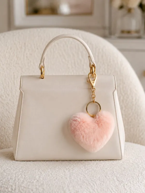 Pink Faux Fur Heart Keychain Bag Charm Blush Gold Clip 3.5" NWT - Image 2