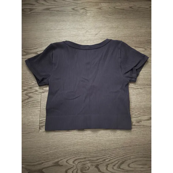 Garage Ribbed Seamless Crop Top V-Neck Short Sleeve Blue Medium Women's Tank - Image 3