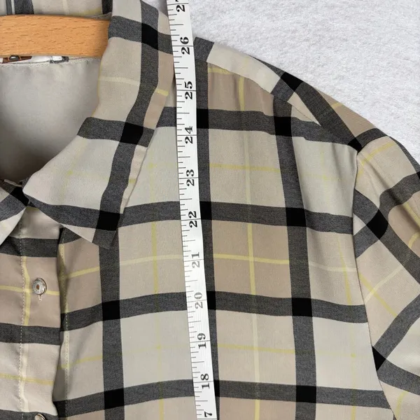Calvin Klein Plaid Button-Up Blouse Women's M Beige Sheer Casual Fall Minimalist - Image 5