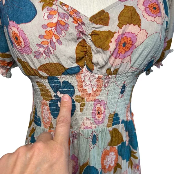 Angie Floral Smocked Boho Mini Dress Medium Cottage Indie Retro Rayon Festival - Image 9