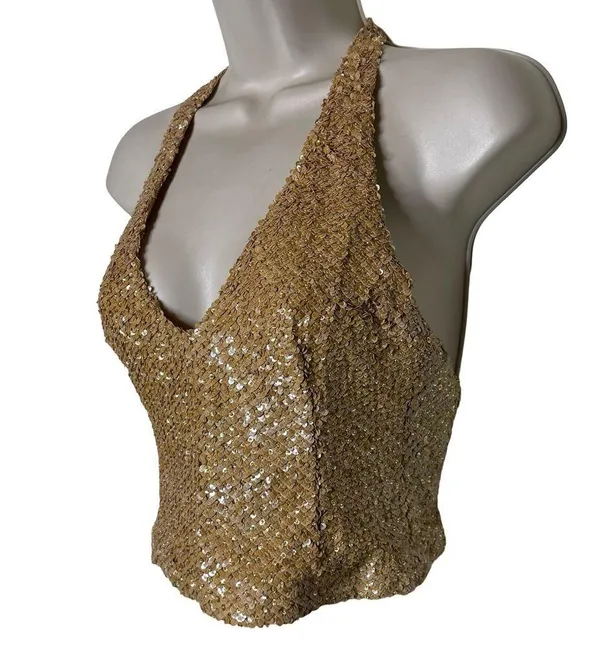 Vintage Y2K Handmade Luxury Gold Sequin Halter neck crop top sz XS - Image 2