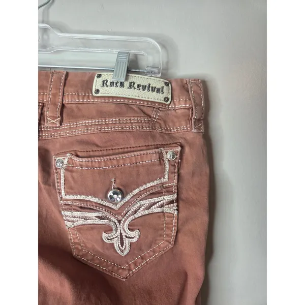 Rock Revival Ankle Skinny Women’s 31 Brown Embroidered Rhinestone Denim Jeans - Image 4