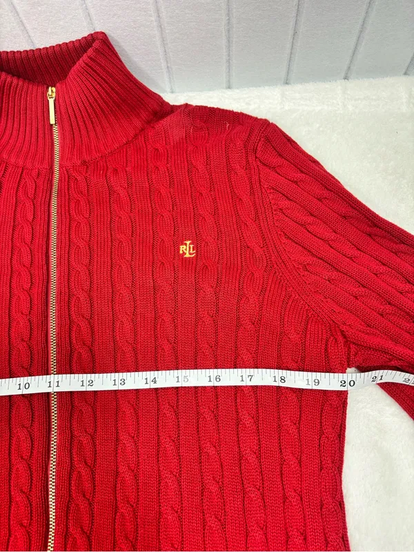 Ralph Lauren Y2K Red Cable-Knit Cotton Zip Cardigan with Gold Accents size L - Image 7