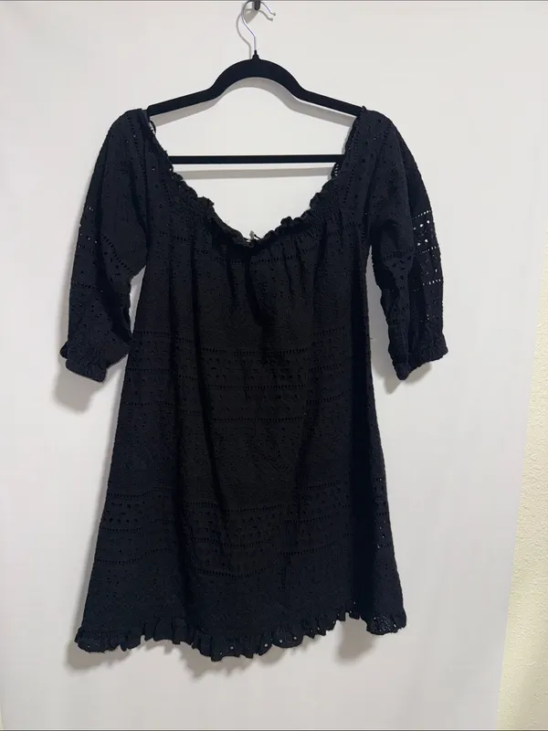 Zara‎ Basic Black Eyelet Embroidery Ruffle Mini Dress Small Boho Puff Sleeve - Image 5