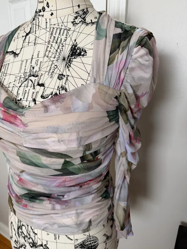 Express Floral Mesh Ruched Body contour Blouse sheer long-sleeved top crop y2k multi color M - Image 3