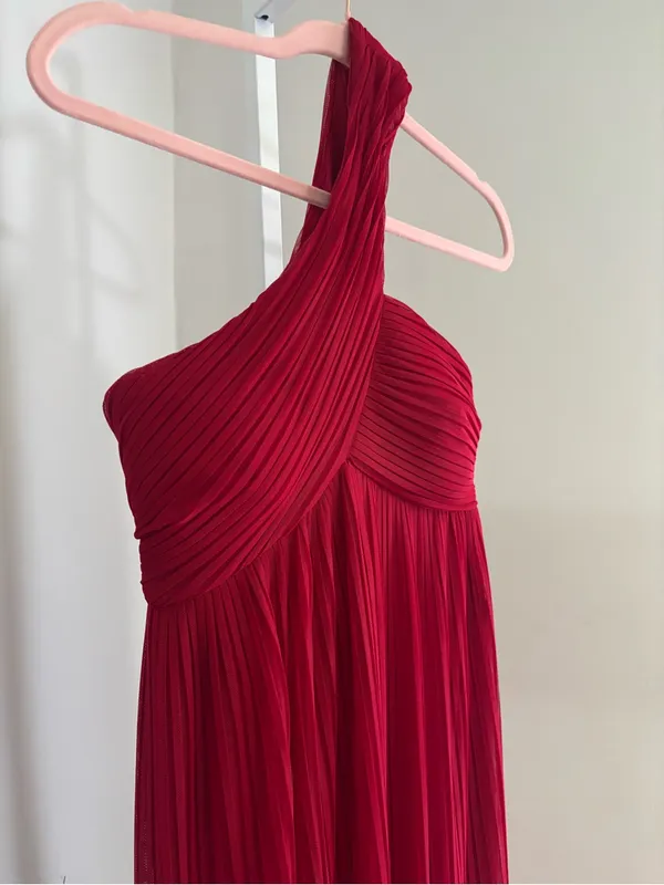 Calvin Klein Women’s Size 4 One-Shoulder Red Pleated Maxi Dress Flowy Mesh Gown - Image 5