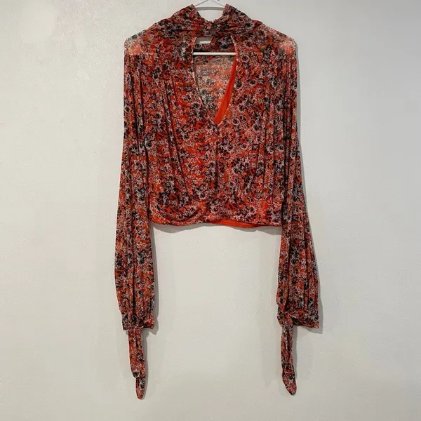 Free People Floral Mesh Top Small Draped Tie Neck Boho Y2K Blouse - Image 3