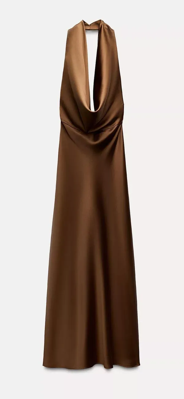 Zara dress gown maxi halter satin plunge neck Brown holiday wedding evening - Image 8