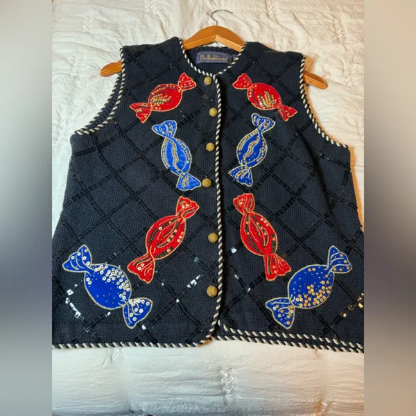 VINTAGE Belle Point Christmas Knit Vest Sz M - Image 7