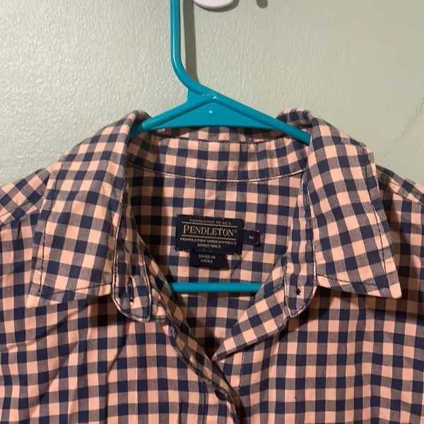 Pendleton Womens Gingham Plaid Button Down Shirt Navy Pink‎ Long Sleeve size M - Image 3
