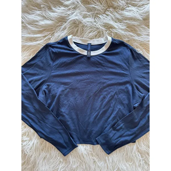 Skims Soft Lounge Ringer Long Sleeve Crop Top Navy Multi Size 2X - Image 4