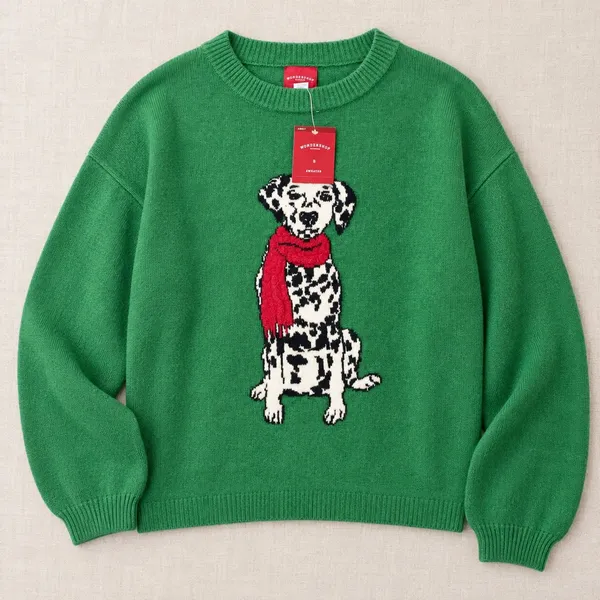Wondershop Green Dalmatian Dog Scarf Holiday Sweater Crewneck Small NEW - Image 4