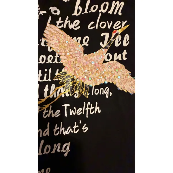 Comaekar Black Graphic‎ T-Shirt Dress Sequin Crane Bird Script Long Sleeve Mini - Image 12