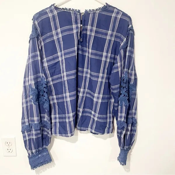 Free People Size Small Darling Diane Lace Top Blue White Flannel Plaid - Image 7