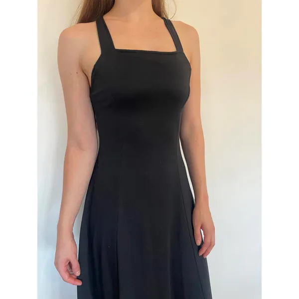 Black Midi Cross Back Square Neck Fit and Flare Dress - Image 4