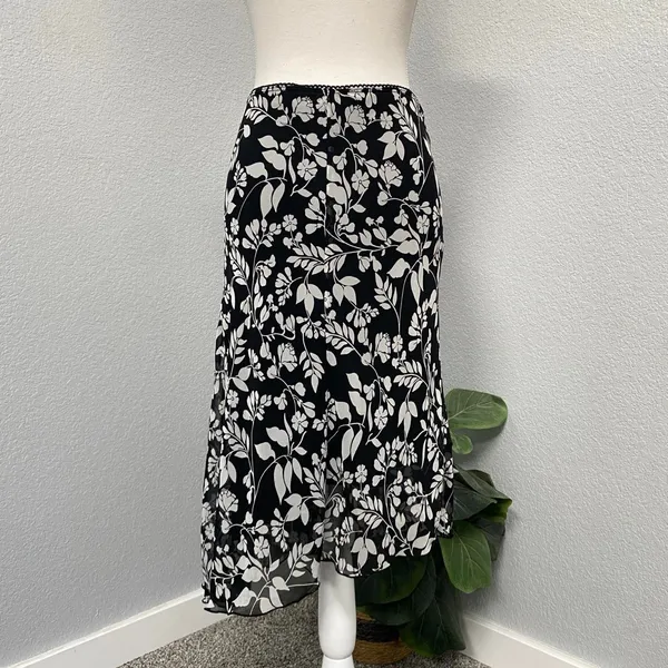 My Michelle Black White Floral Midi Asymmetrical Ruffle Hem Skirt Boho Grunge - Image 3