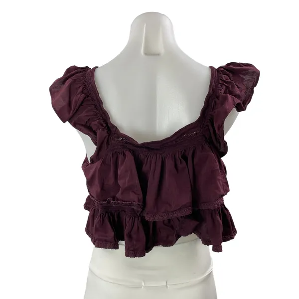Free People Sunny Days Ahead Maroon Ruffle Tiered Boho Button Up Crop Top Size M - Image 3
