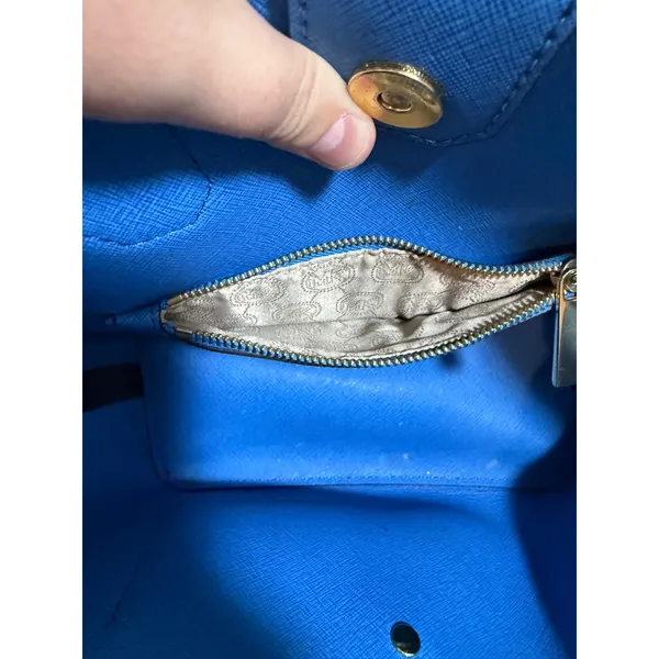 Michael Kors Saffiano Leather Satchel Womens Navy Blue Gold Hardware Handbag - Image 16