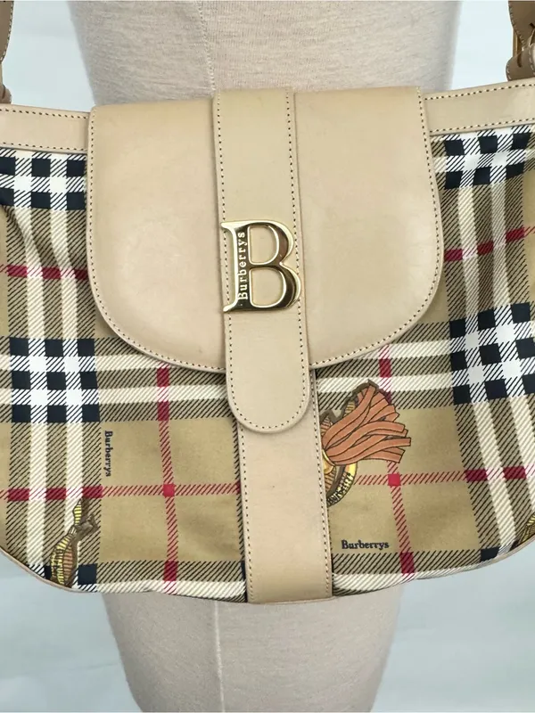 Burberry Nova Beige Plaid Leather-Trim Shoulder Bag “B” embellishment - Image 2