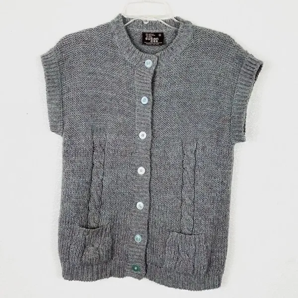 Vintage Blue Grey Knit Short Sleeve Button Up Sweater - Image 2