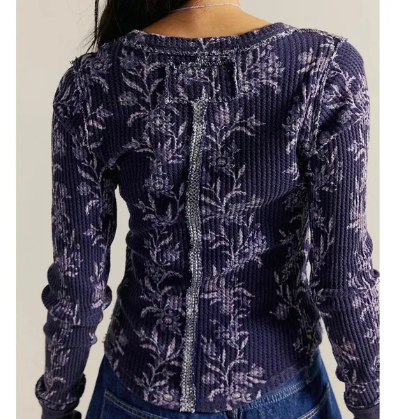 NEW Free People Pretty Little Folk Vines Soft Thermal Long Sleeve Cotton Top XS - Image 3