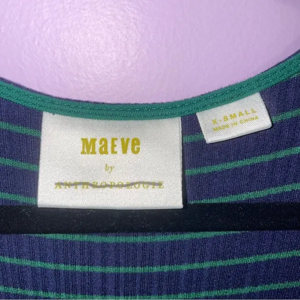 Anthropologie Maeve XS Midi Dress Blue Green Stripe 3/4 Sleeve - Image 5