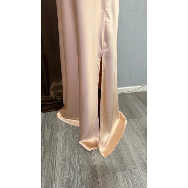 New Lulus Maxi Dress S Champagne Satin Mock Neck Sleeveless Side Slit Prom Gala‎ - Image 13