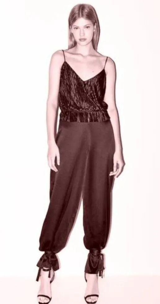 Crinkle Effect Peplum Tank Red Shiny Silk Satin V-Neck Cami Camisole Top M - Image 3